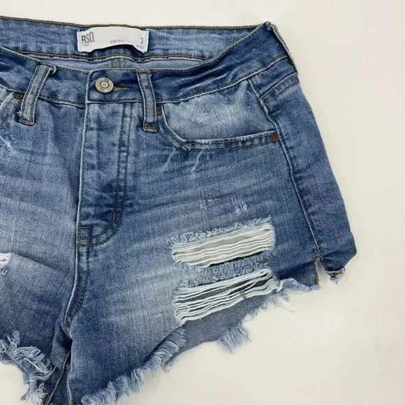 RSQ Denim Shorts Women's Juniors Size 3 Blue Vintage High Rise Cutoff Distressed - Picture 3 of 9